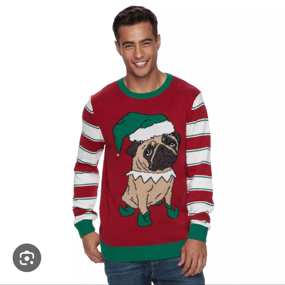 NWT Mens Ugly Holiday Pug Christmas Sweater - Red, Green, and White Size 2XL